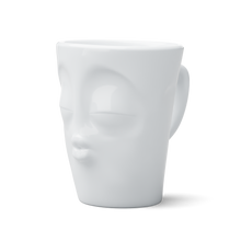 Load image into Gallery viewer, Coffee mug with handle and &#39;kissing&#39; facial expression and 11 oz capacity. From the TASSEN product family of fun dishware by FIFTYEIGHT Products. Tall coffee cup with handle in white, crafted from quality porcelain.
