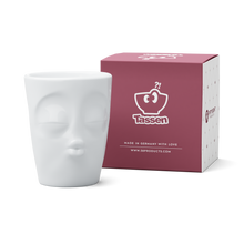 Load image into Gallery viewer, Coffee mug with handle and &#39;kissing&#39; facial expression and 11 oz capacity. From the TASSEN product family of fun dishware by FIFTYEIGHT Products. Tall coffee cup with handle in white, crafted from quality porcelain.
