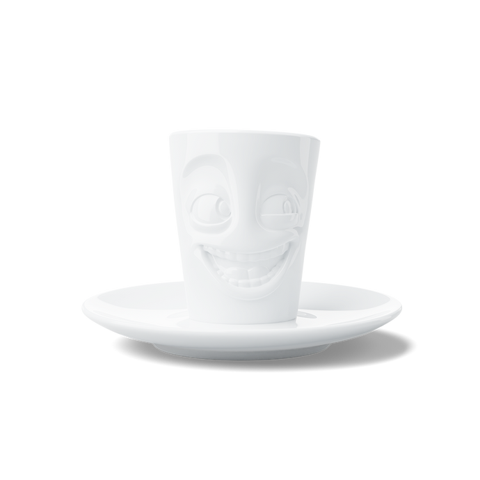 Espresso mug with a 'joking' facial expression and 2.7 oz capacity will start your day on a high note. Premium porcelain espresso cup in a tall 'mug' design with saucer in white. From the TASSEN product family of fun dishware by FIFTYEIGHT Products.